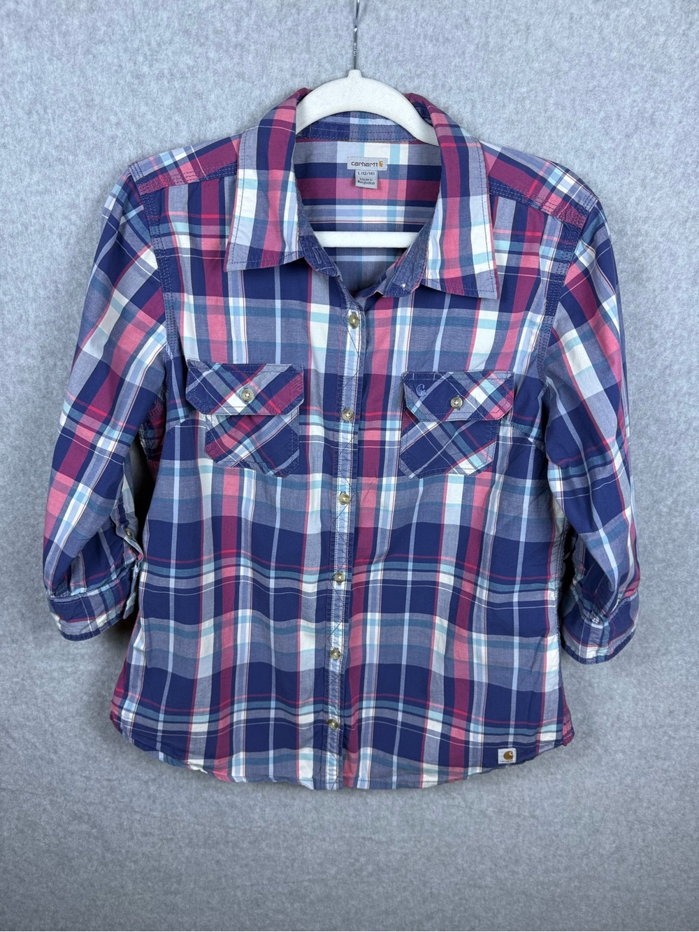 Carhartt Plaid Button Front Shirt Women’s Large 12/14 Blue Pink Roll Tab Sleeve